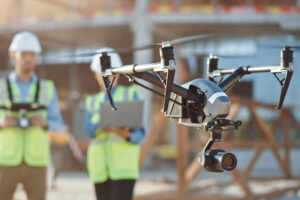 Construction workers operating a drone equipped with a Right Fiber Optic Gyroscope at a construction site.